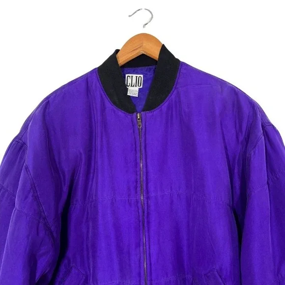 Vintage 80s CLIO‎ 100% Silk Purple Bomber Jacket Sz L Quilted Quiet Luxury Y2K - Picture 3 of 9